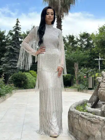 Parlak Kristal Boncuk Işıltılı Gümüş Renk Abiye