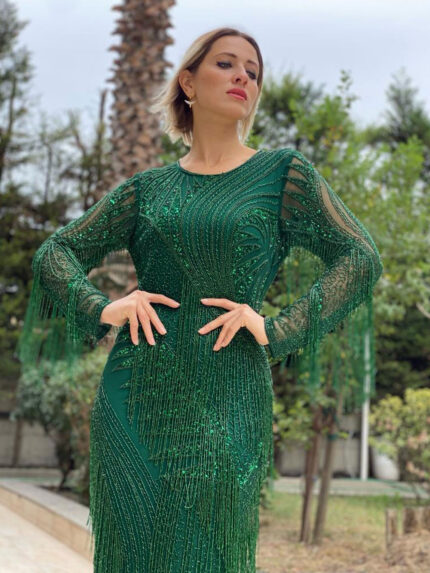 Yeşil Çapraz Saçaklı Boncuklu Abiye