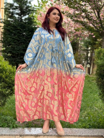 Mavi Pembe Altın Yaldız İşlemeli Panço Elbise