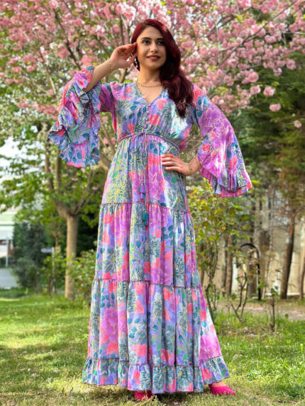 Mor Pembe Kolu Volanlı Hint İpeği Elbise