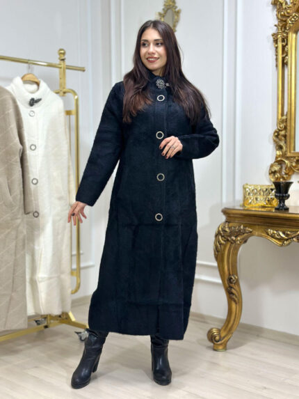 Çizgili Model Tam Boy Siyah Angora Kaban